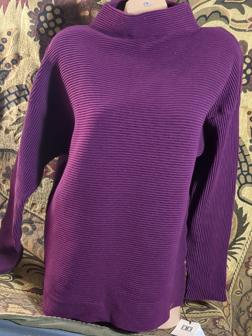 Ivanka Trump Plum Ribbed Funnel Neck Sweater